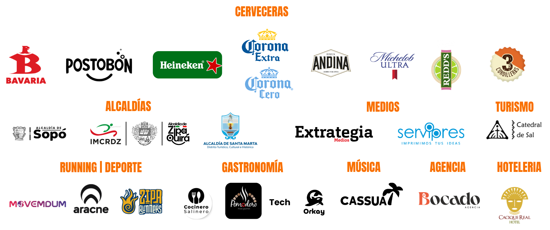 Aliados que han confiado en la Carrera Cervecera: cerveceras, alcaldías, medios, turismo, running, gastronomía, música, agencias y hotelería